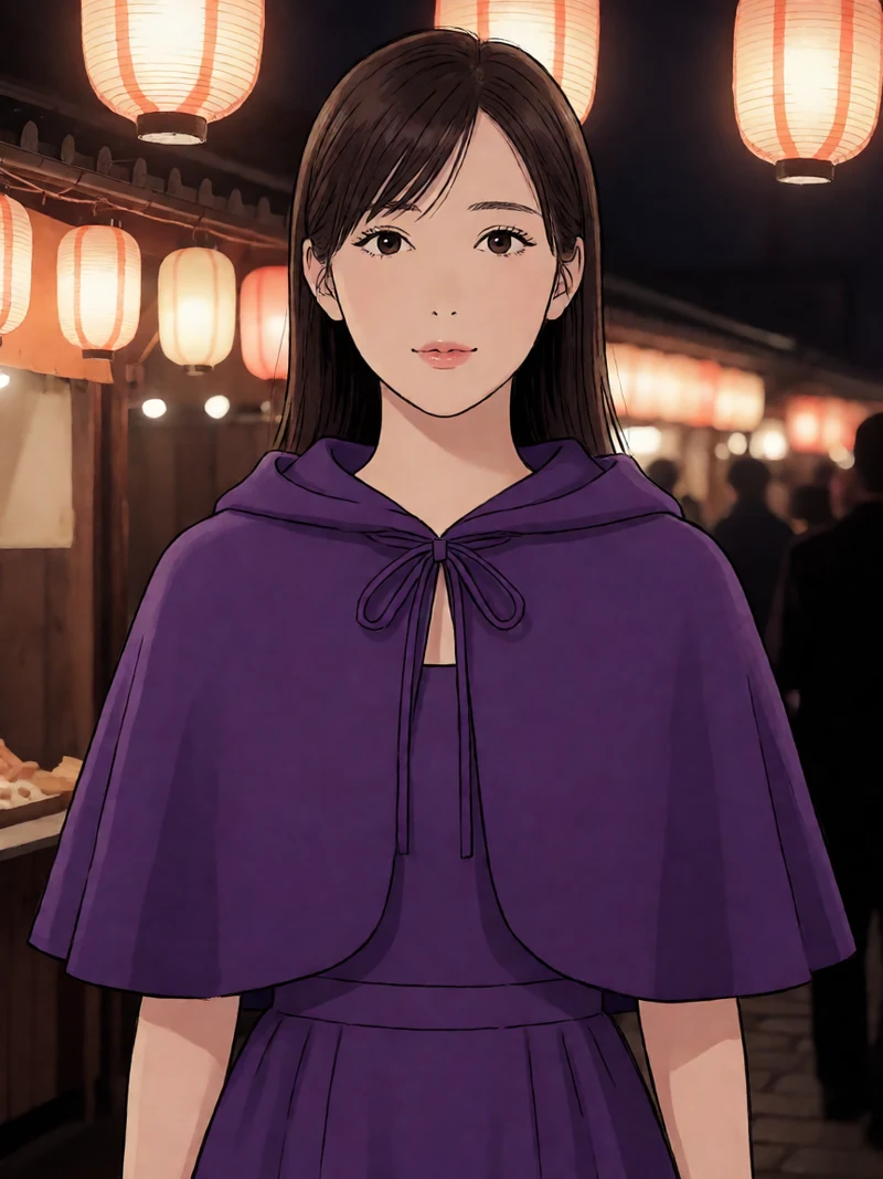 日式动漫风成年女性魔女穿紫色短斗篷居中站在夜市灯笼下