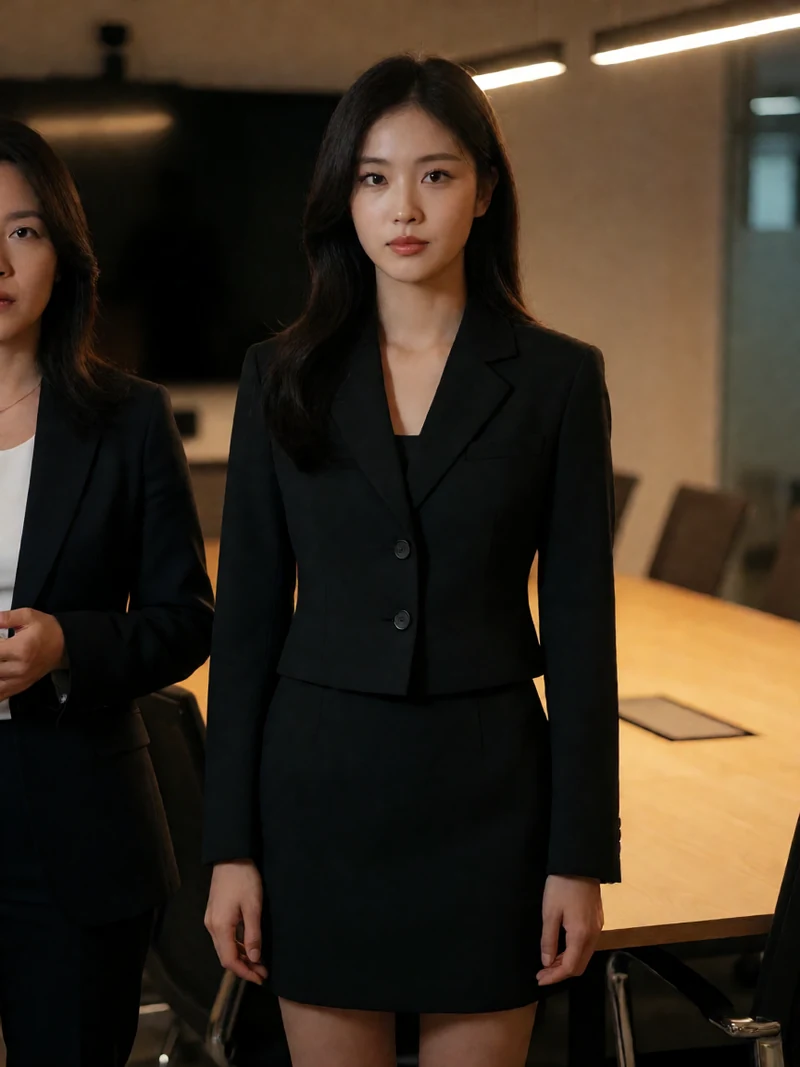 虚构成年女性穿黑色短西装居中站在夜间会议室,另一成年同事在旁
